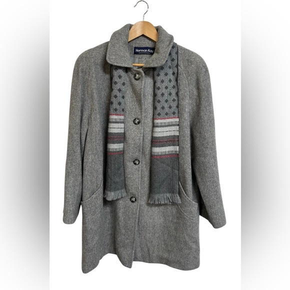 Herman Kay Gray Wool Coat with Scarf - Picture 1 of 8